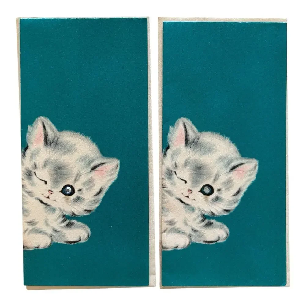 2 UNUSED Sleeping White Kitten Cat 1950's NORCROSS Greeting Cards Crystal Eye